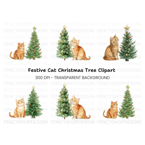 Christmas Kittens and Decorated Trees Clipart Bundle