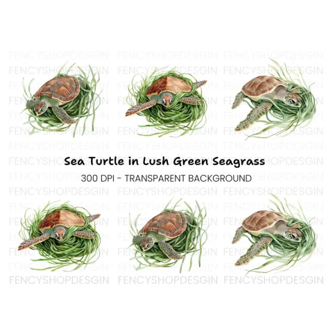 Sea Turtle in Seagrass Clipart Bundle