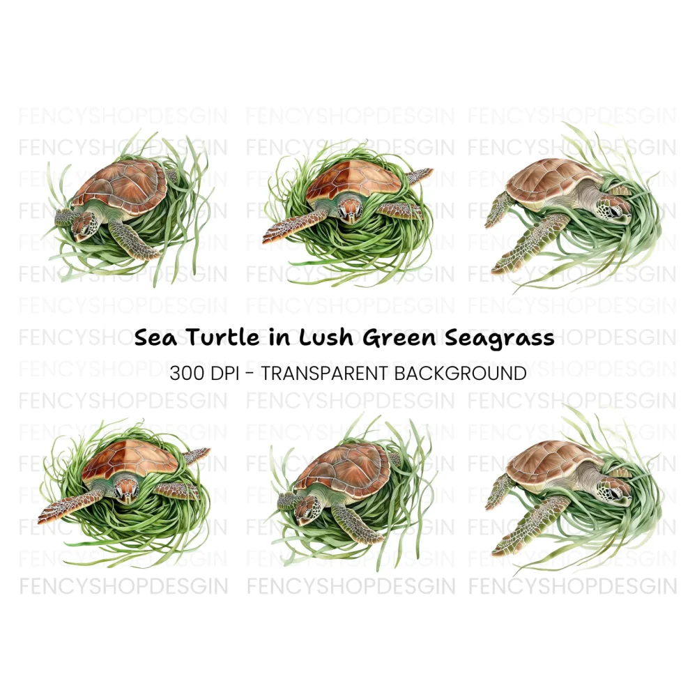Sea Turtle in Seagrass Clipart Bundle