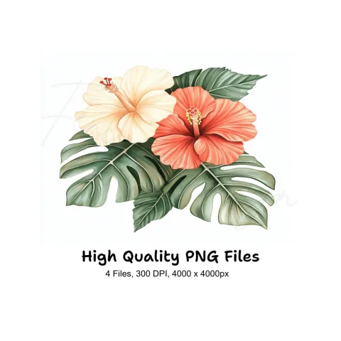 Vibrant Hibiscus Monstera Leaf Clipart Bundle