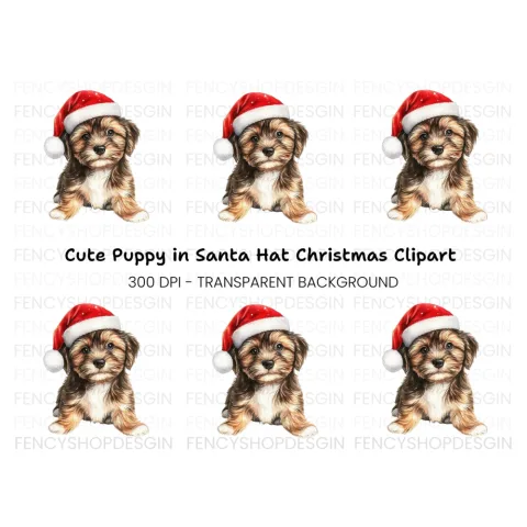 Festive Puppy with Santa Hat Clipart Bundle