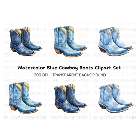 Denim Blue Cowboy Boots Clipart Bundle