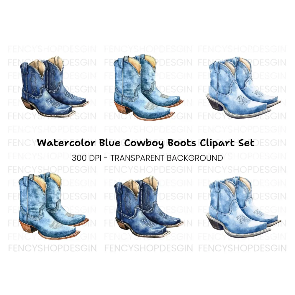 Denim Blue Cowboy Boots Clipart Bundle