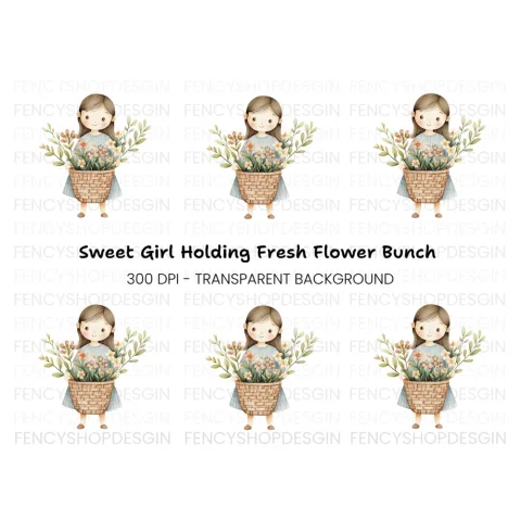 Sweet Girl with Flower Basket Clipart Bundle