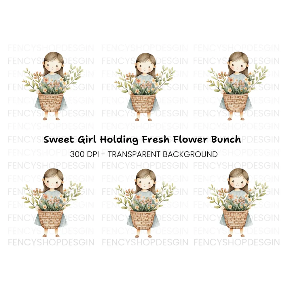 Sweet Girl with Flower Basket Clipart Bundle
