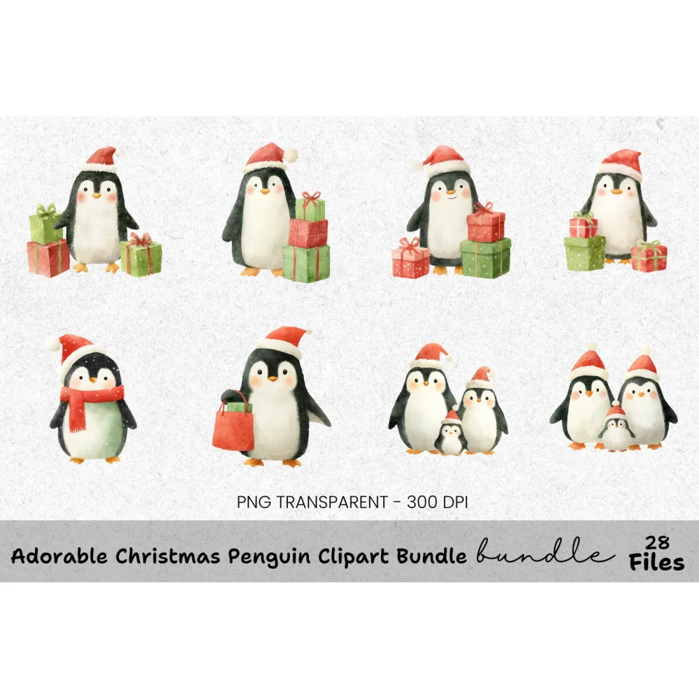 Adorable Christmas Penguin Family Clipart Bundle