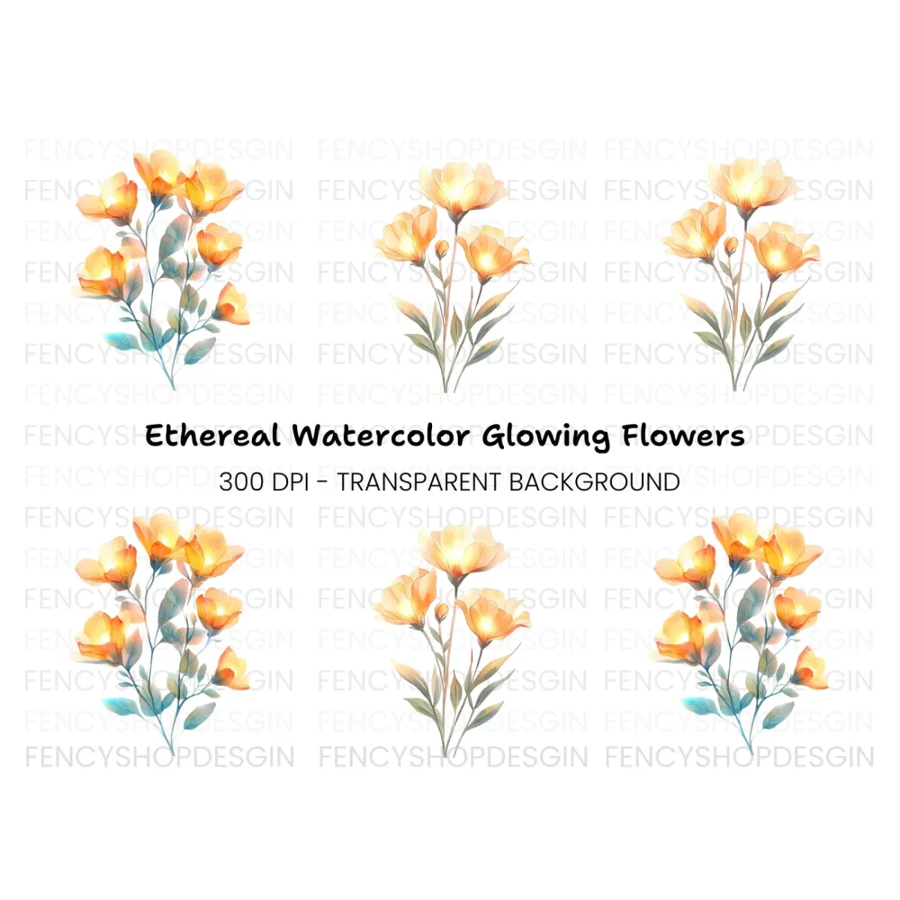 Glowing Orange Floral Bouquet Clipart Bundle