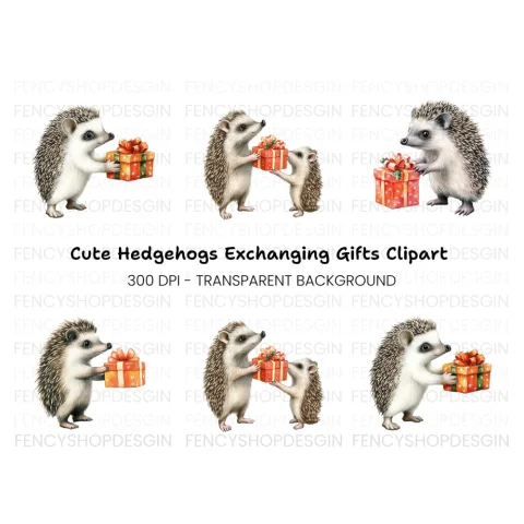 Hedgehog with Orange Gift Box Clipart Bundle