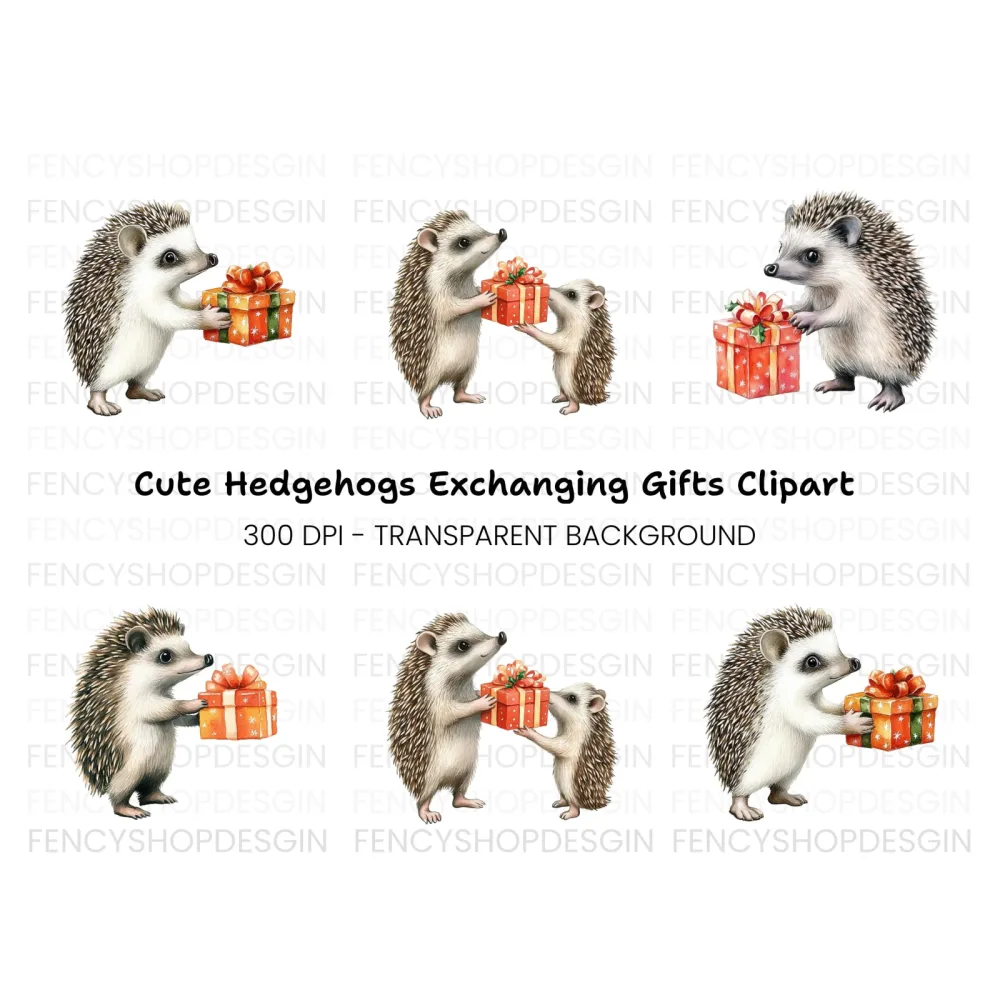 Hedgehog with Orange Gift Box Clipart Bundle