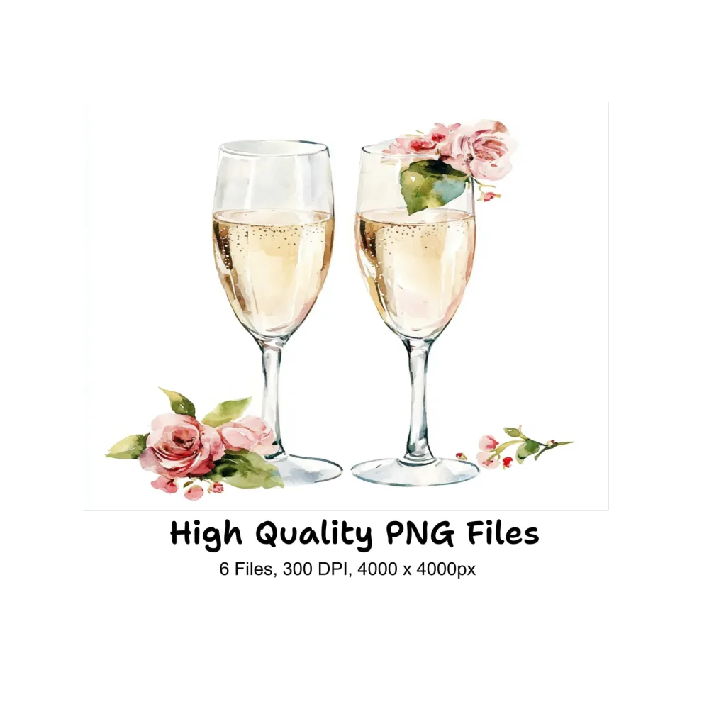 Floral Champagne Glasses Clipart Bundle