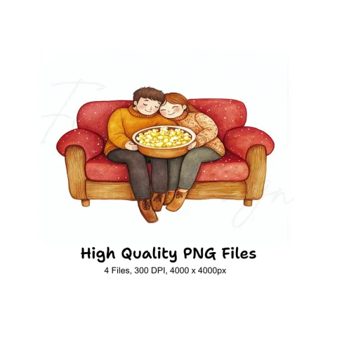 Cozy Couple Popcorn Movie Night Clipart Bundle