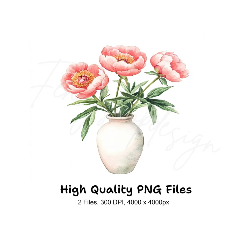Pink Peonies in White Vase Clipart Bundle