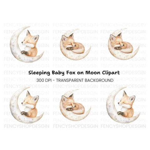 Cute Sleeping Fox on Moon Clipart Bundle