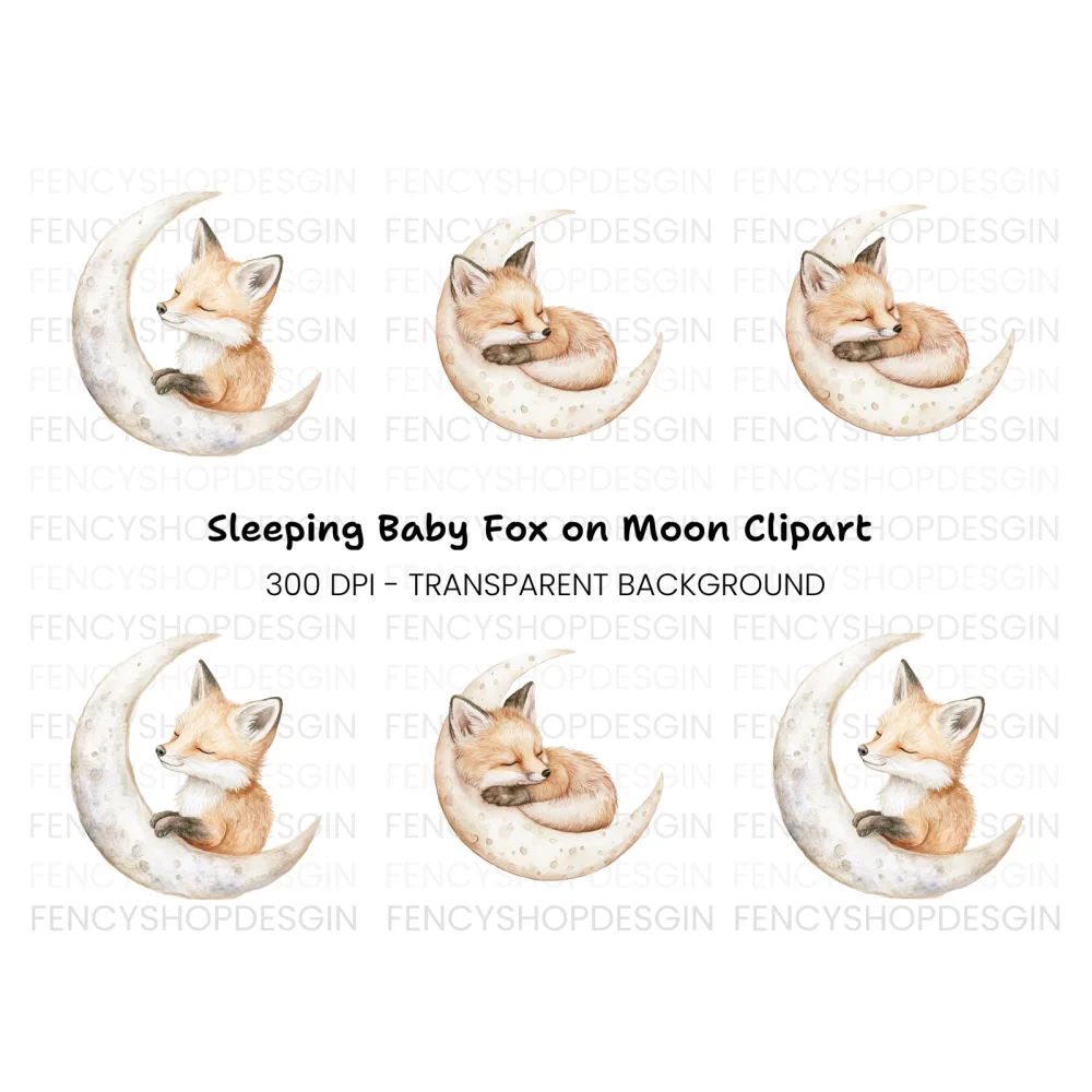 Cute Sleeping Fox on Moon Clipart Bundle