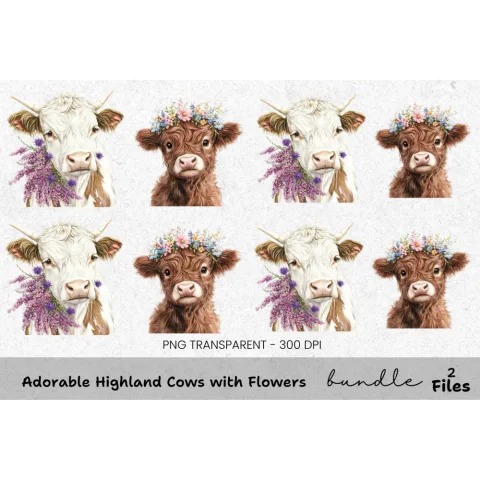 Adorable Highland Cows with Flowers Clipart Bundle