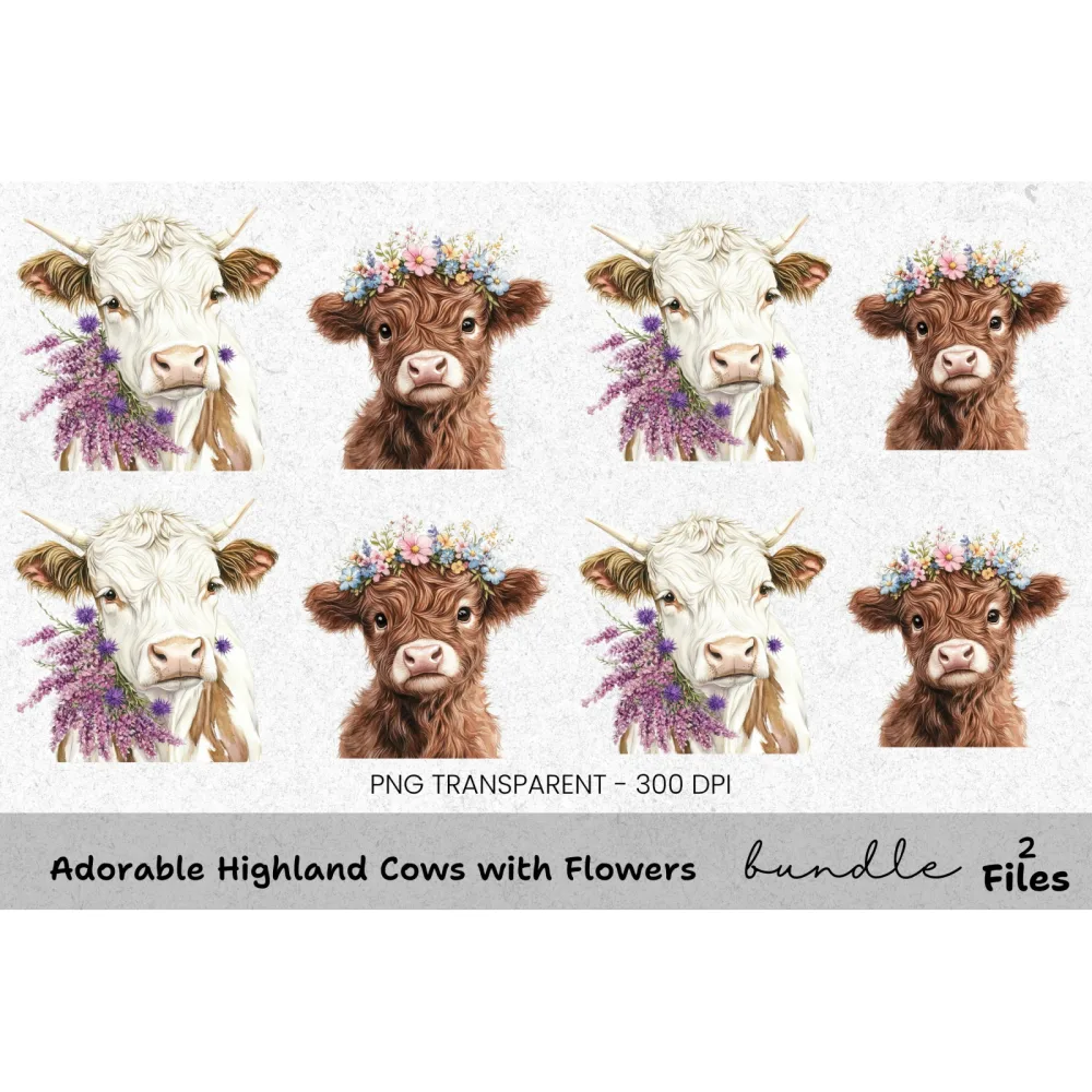 Adorable Highland Cows with Flowers Clipart Bundle