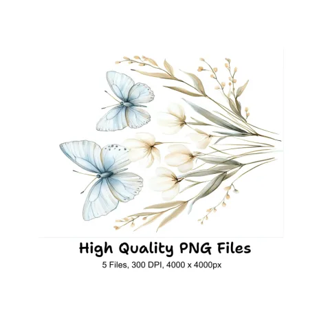 Blue Butterfly Floral Clipart Bundle