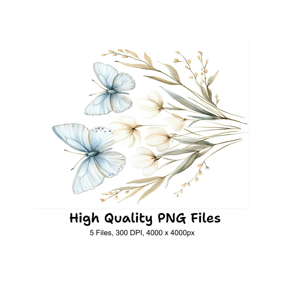 Blue Butterfly Floral Clipart Bundle