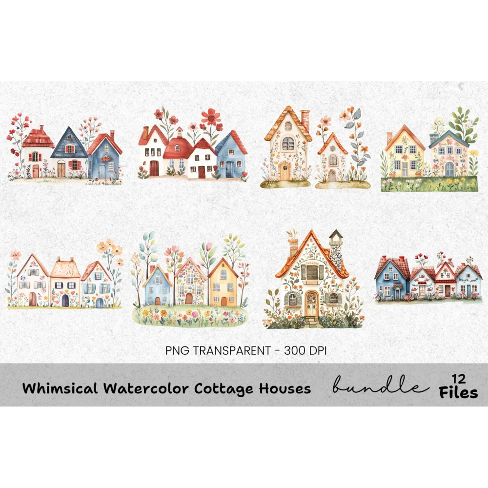 Whimsical Cottage Houses Clipart Bundle