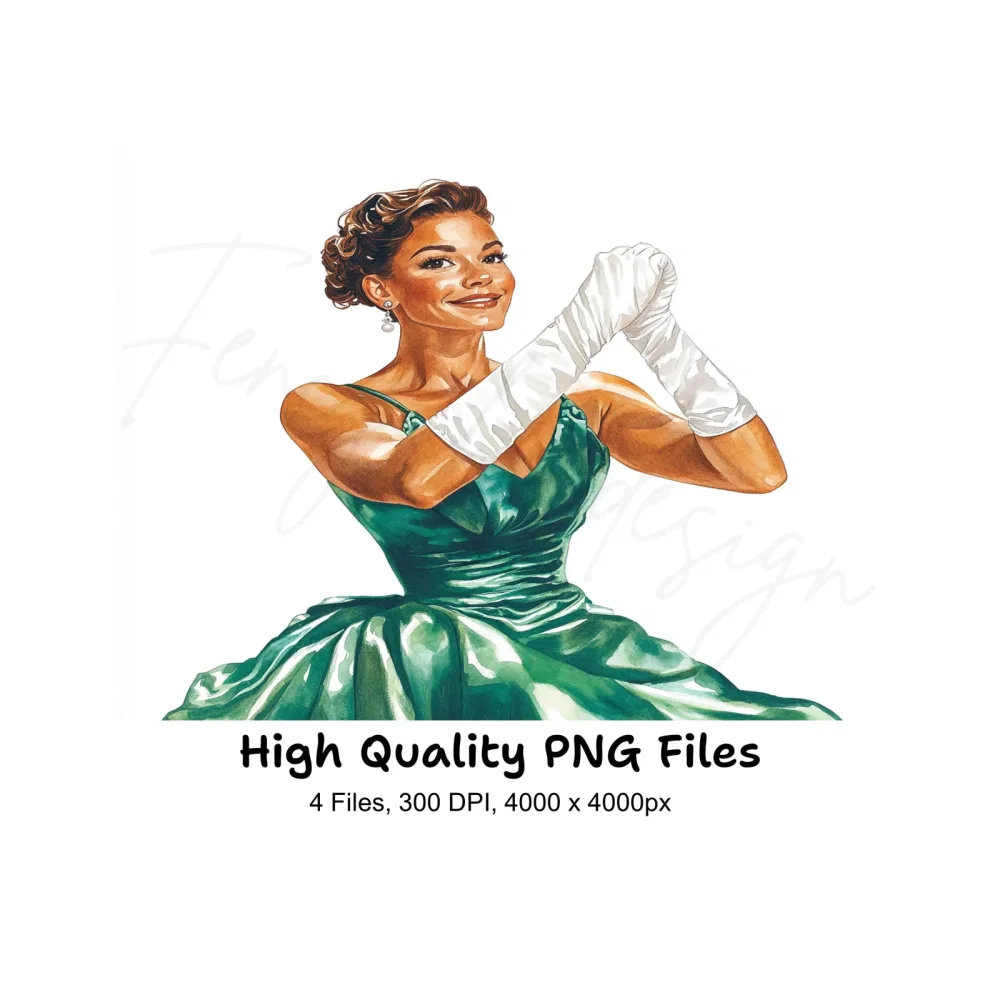 Elegant Woman in Green Dress Clipart Bundle