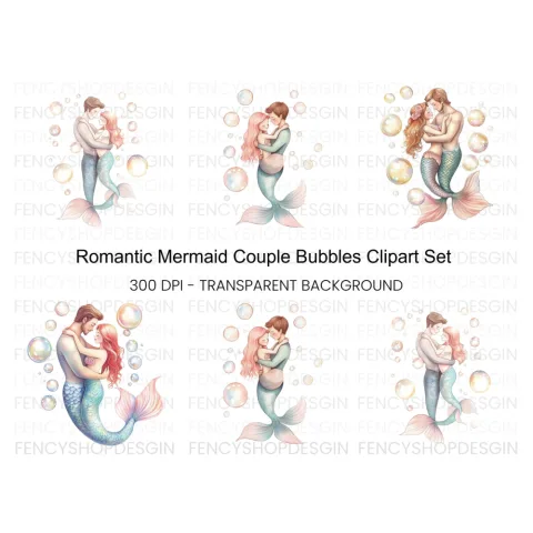 Romantic Mermaid Couple Bubbles Clipart Bundle
