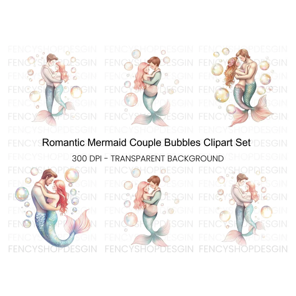 Romantic Mermaid Couple Bubbles Clipart Bundle