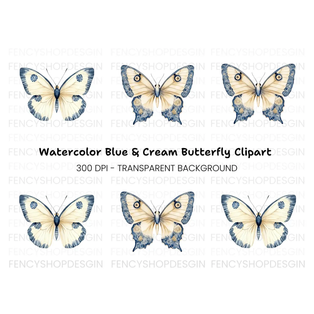 Elegant Blue and Cream Butterfly Clipart Bundle