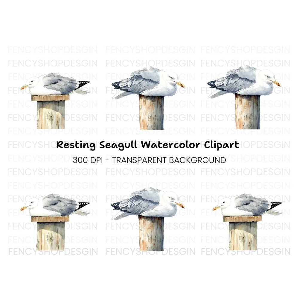Sleeping Seagulls on Wooden Posts Clipart Bundle