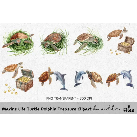 Marine Life Turtle and Dolphin Treasure Clipart Bundle