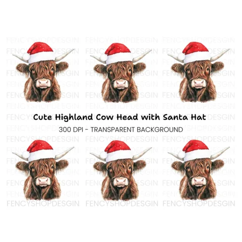 Cute Highland Cow with Santa Hat Clipart Bundle