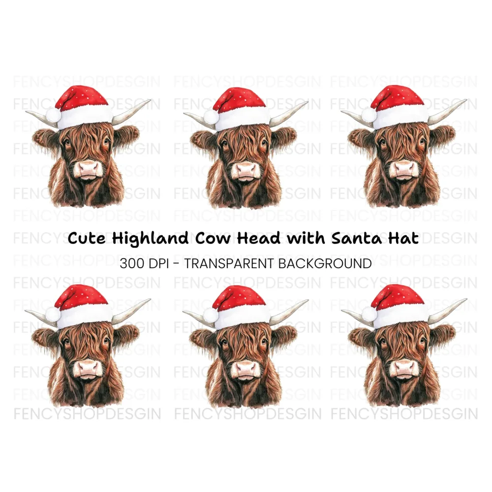 Cute Highland Cow with Santa Hat Clipart Bundle