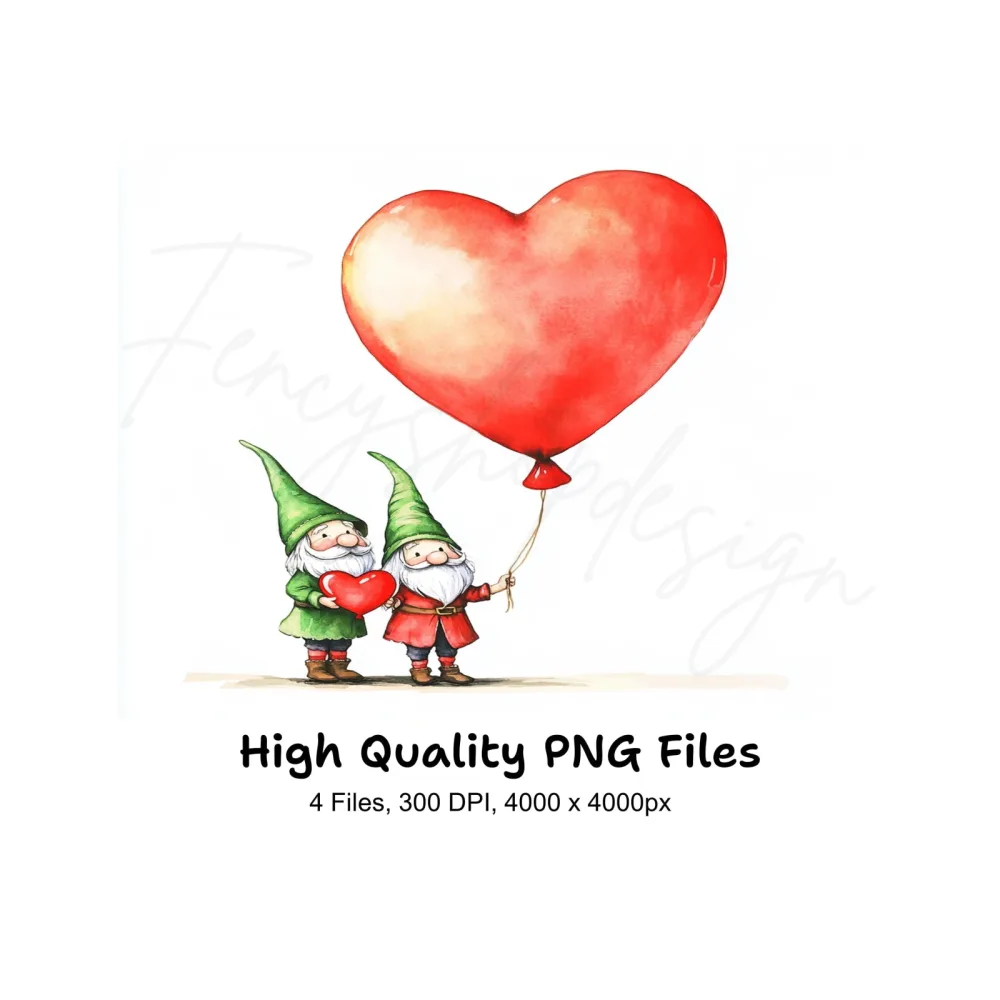 Cute Gnomes with Heart Balloons Clipart Bundle