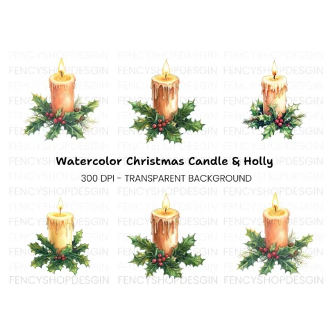 Christmas Candles with Holly Clipart Bundle