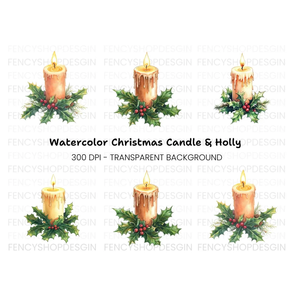 Christmas Candles with Holly Clipart Bundle