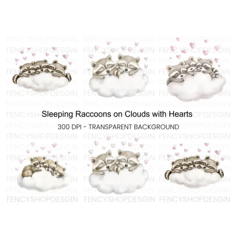Sleeping Raccoons on Clouds Clipart Bundle