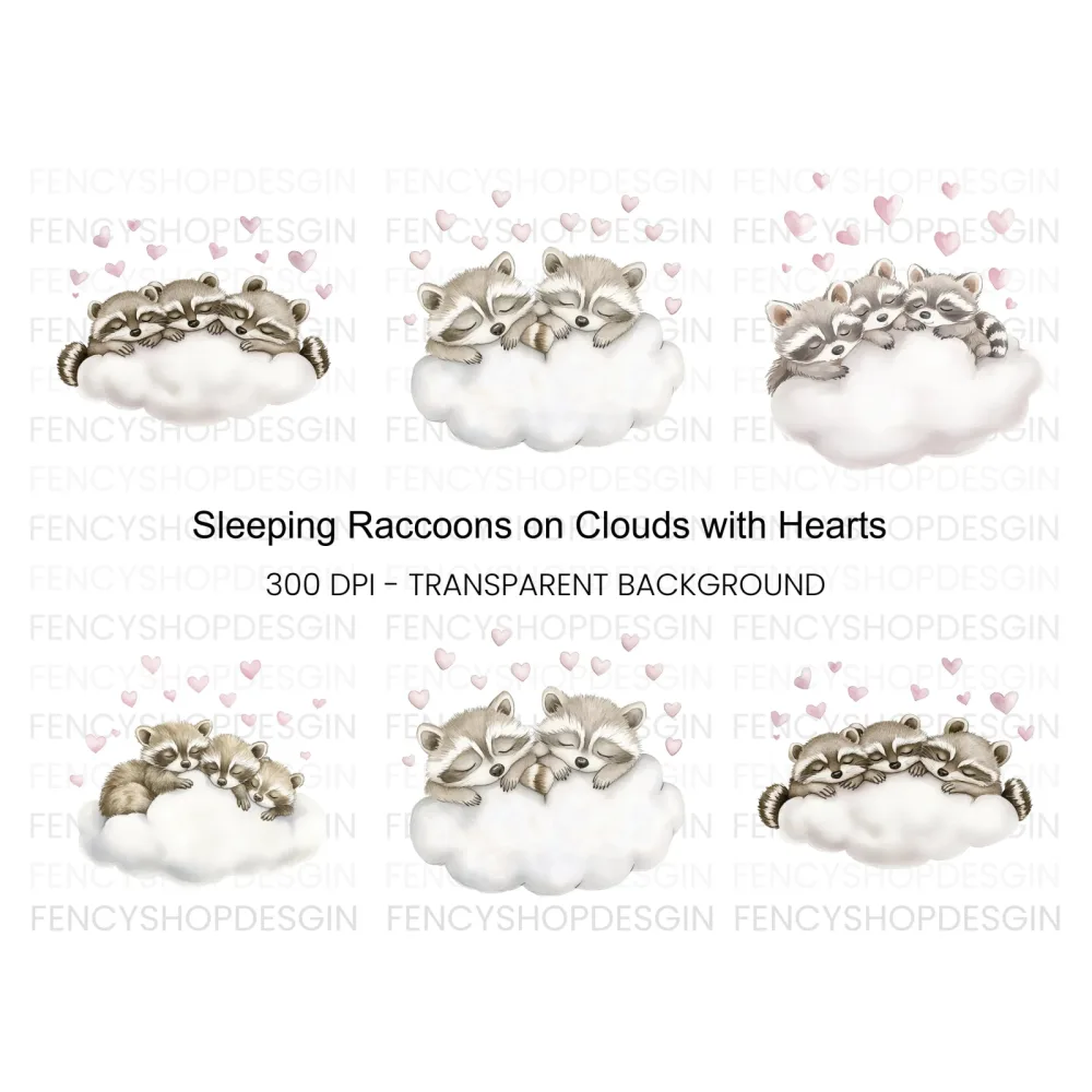 Sleeping Raccoons on Clouds Clipart Bundle
