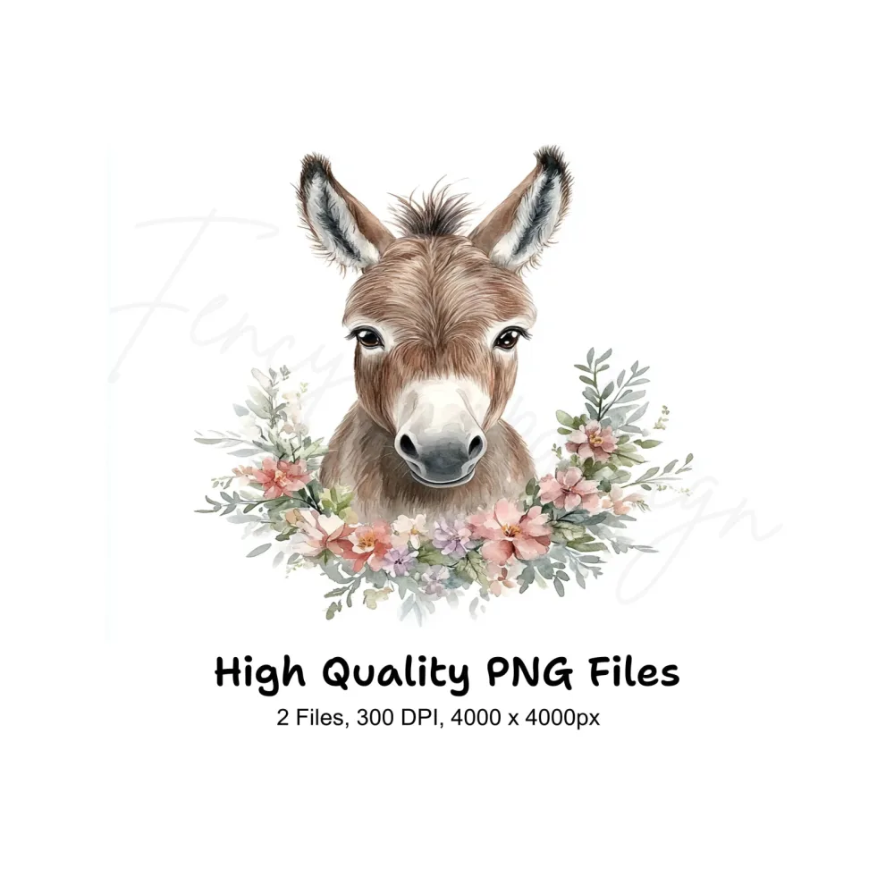 Cute Donkey Faces with Floral Wreaths Clipart Bundle