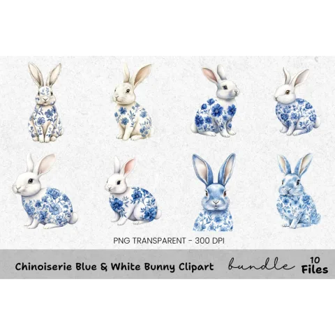 Chinoiserie Blue White Bunny Clipart Bundle