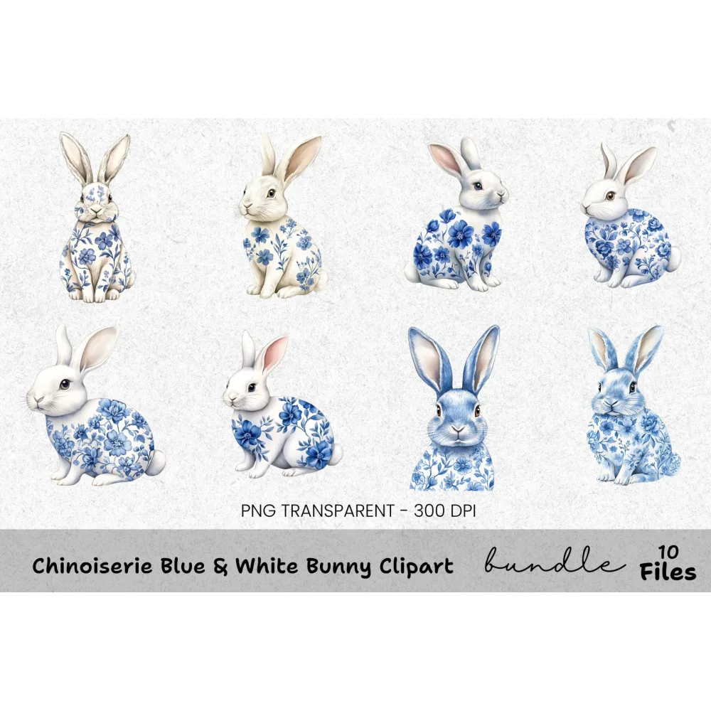 Chinoiserie Blue White Bunny Clipart Bundle