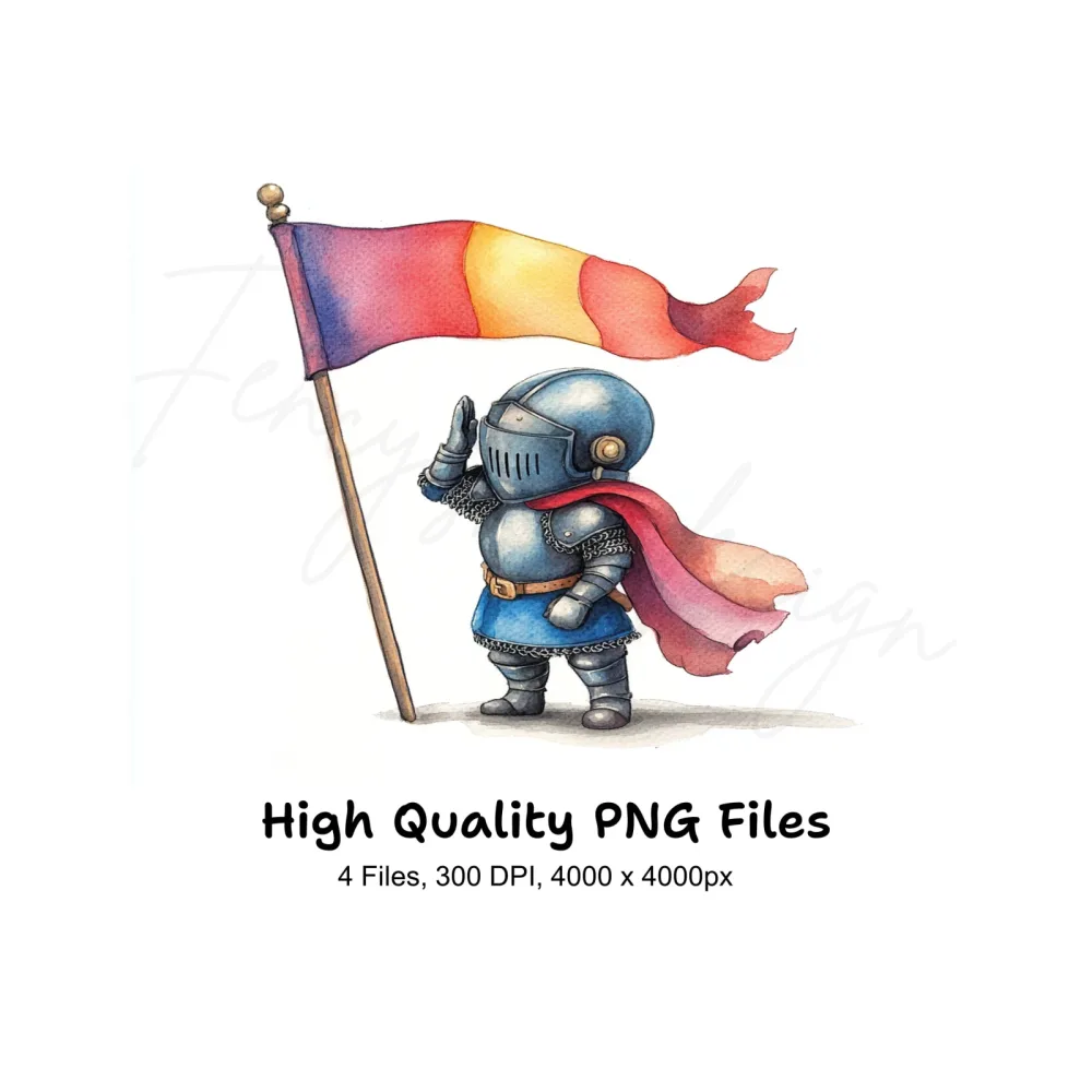 Cute Knights with Colorful Flags Clipart Bundle