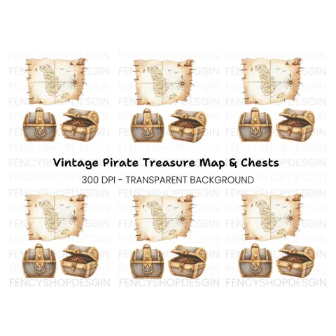 Pirate Treasure Map and Chests Clipart Bundle