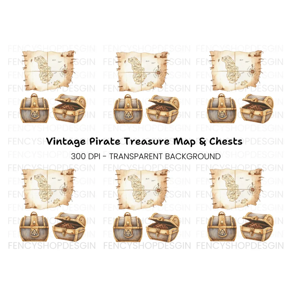 Pirate Treasure Map and Chests Clipart Bundle