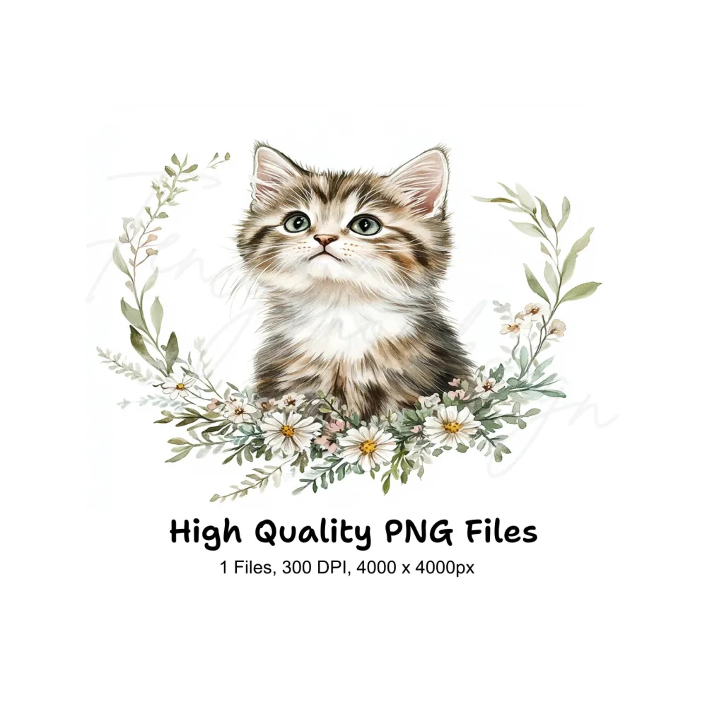 Cute Kitten Floral Wreath Clipart Bundle