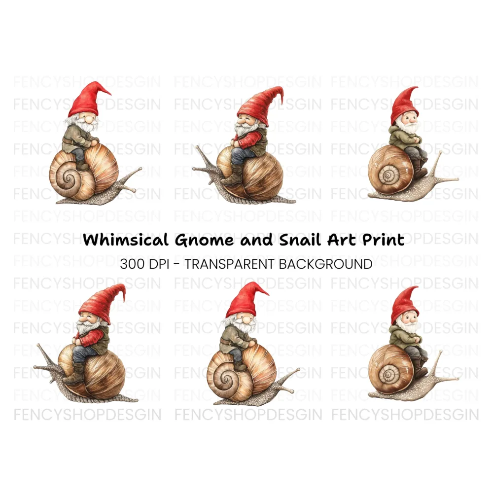 Red Hat Gnomes Riding Snails Clipart Bundle