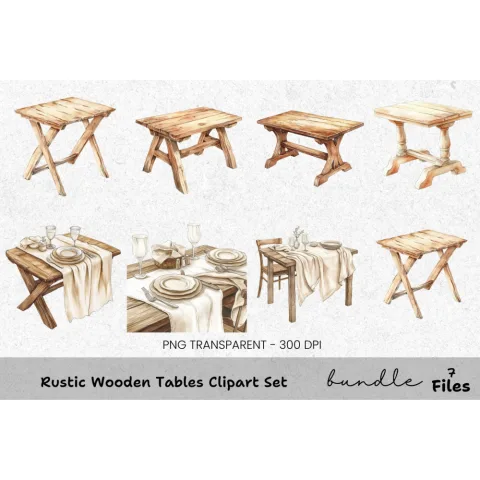 Rustic Wooden Tables Clipart Bundle