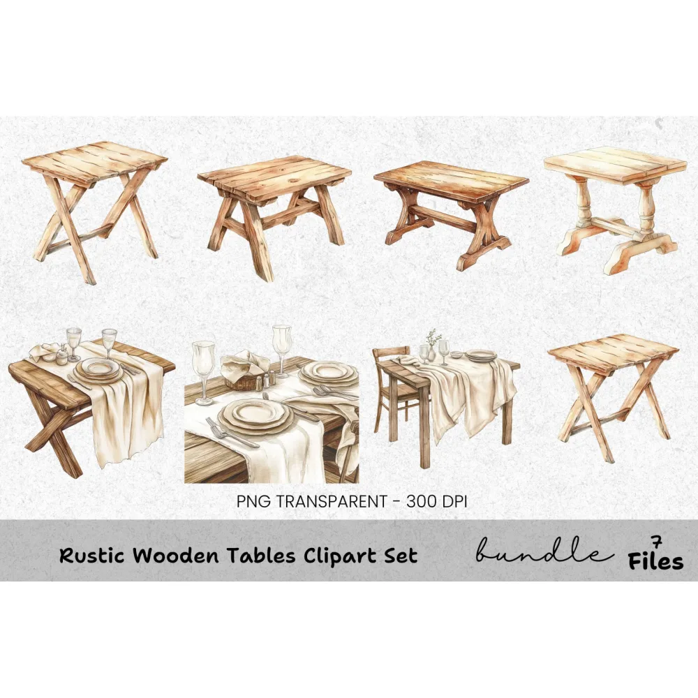 Rustic Wooden Tables Clipart Bundle