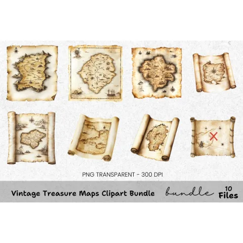Vintage Treasure Maps Clipart Bundle