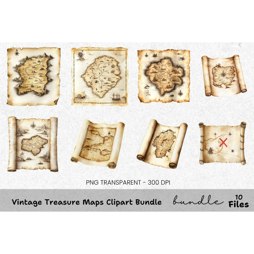 Vintage Treasure Maps Clipart Bundle
