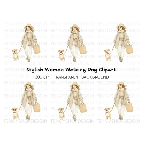 Woman Walking Dog Clipart Bundle