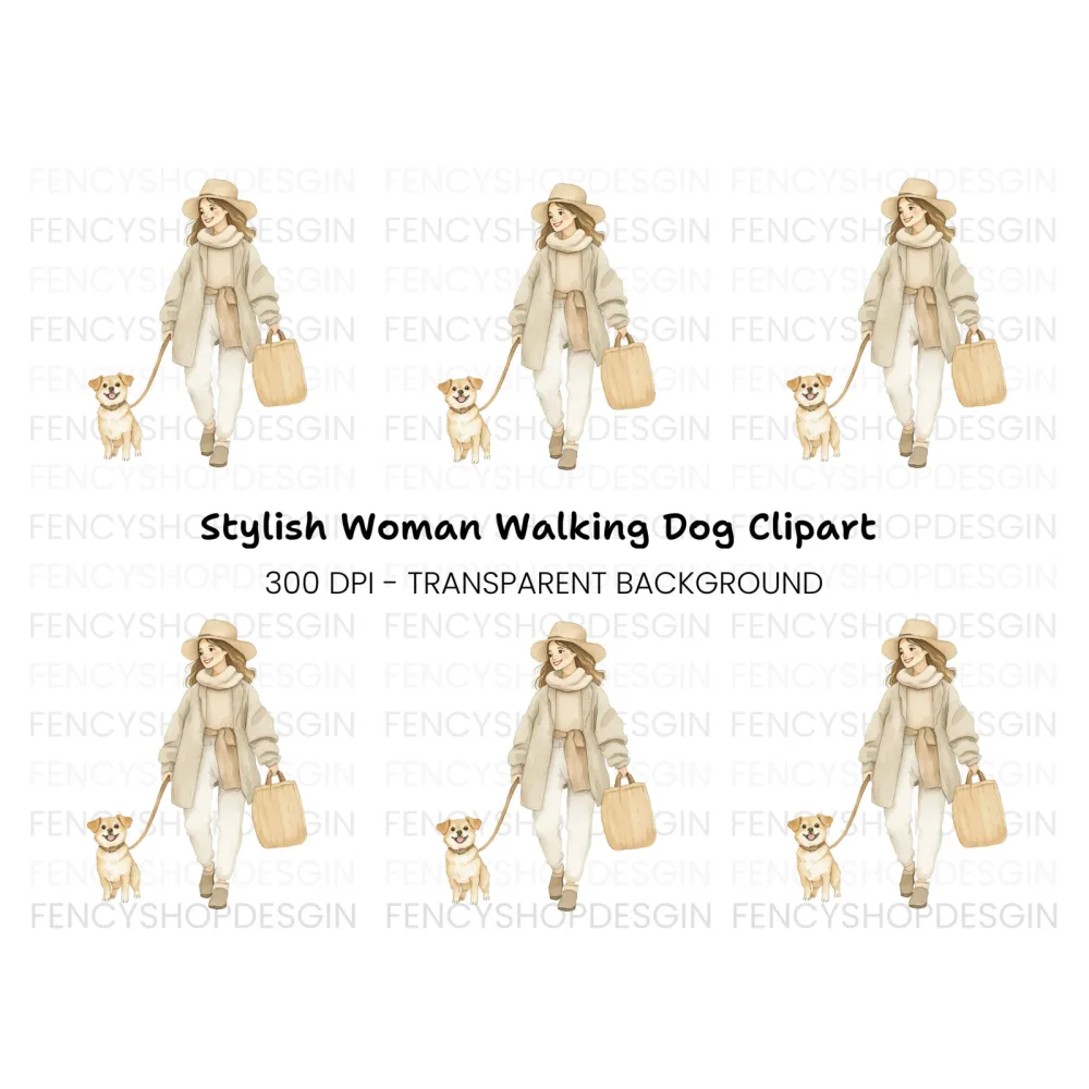 Woman Walking Dog Clipart Bundle